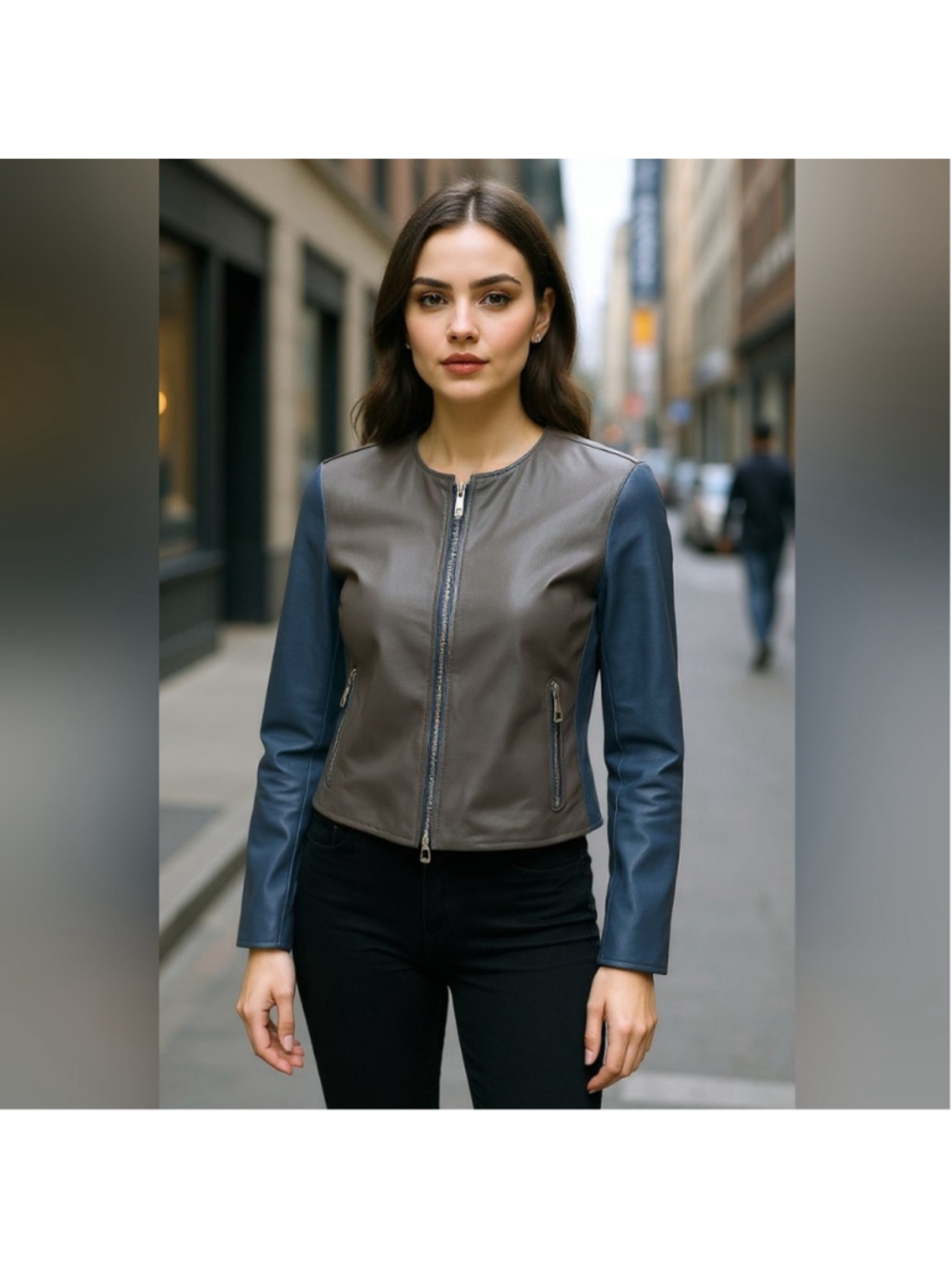Victory Blue Line Women's Leather Jacket 2 Tone Blue and Gray Sz M
